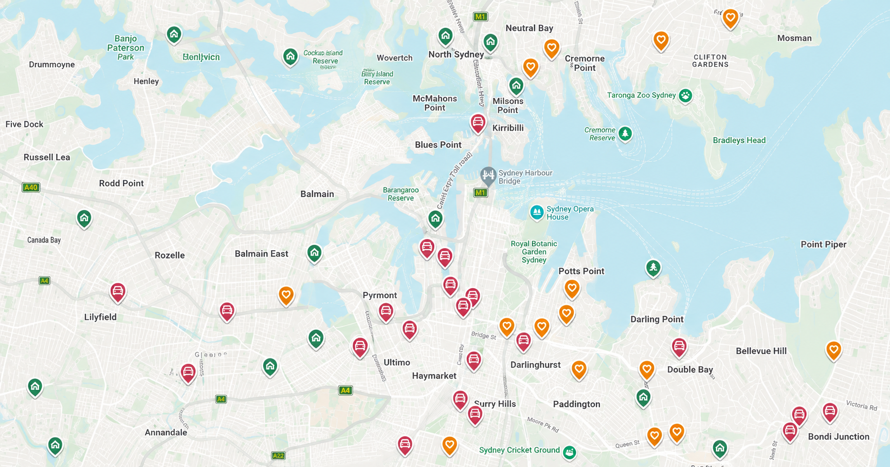 Preview of the Later Life Map with coloured pins across Sydney