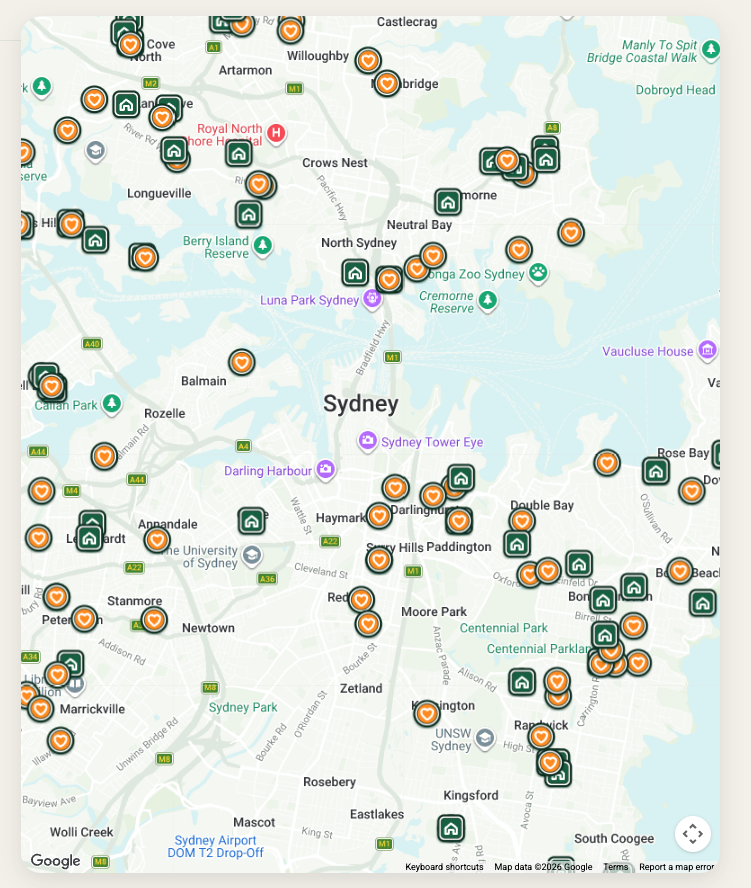 Later Life Map showing aged care homes and retirement villages around Sydney